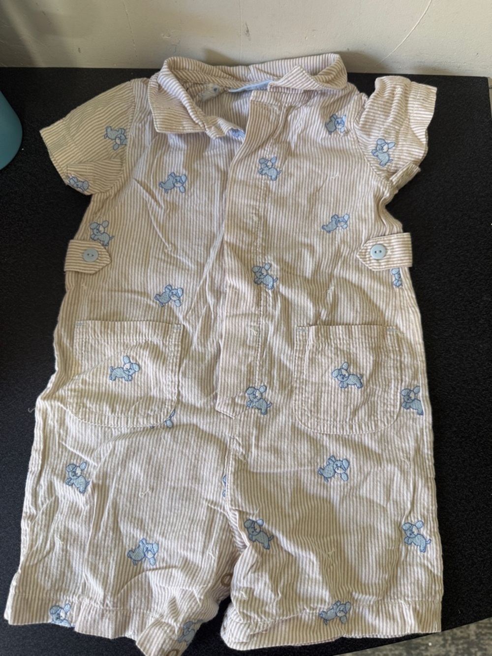 First Impressions Cream and Light Blue Striped Romper with Blue Bunny Print Y2K
